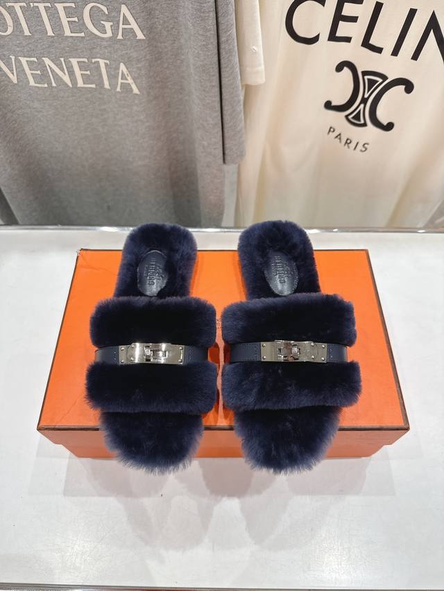 Top-quality factory-made Hermes* F021 2025Ssh new flat fur slippers. Exceptiona