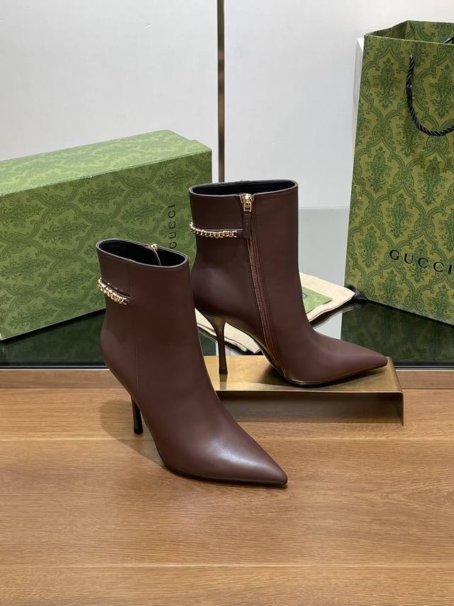 G's new Gucci letter buckle LOGO chain high-heeled short boots with pointed toe