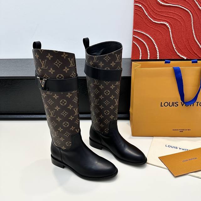 Lv Donkey brand new paint buckle knight long boots cowhide leather sole regular