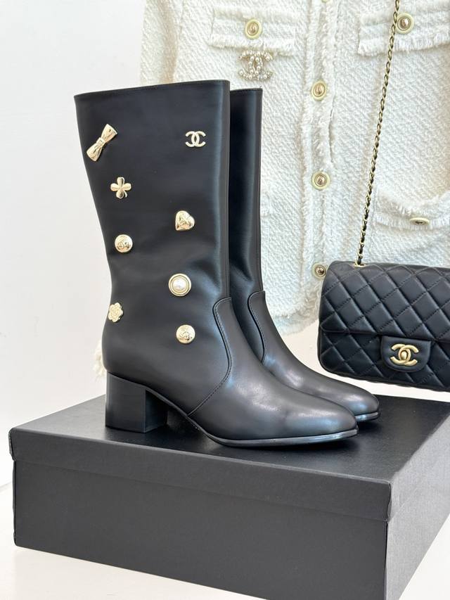 Factory Price: Chane* | 25K Double C Metal Buckle High-Heeled Boots. These boot