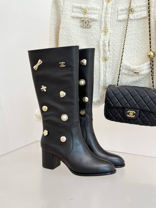 Factory Price: Chane* | 25K Double C Metal Buckle High-Heeled Boots. These boot