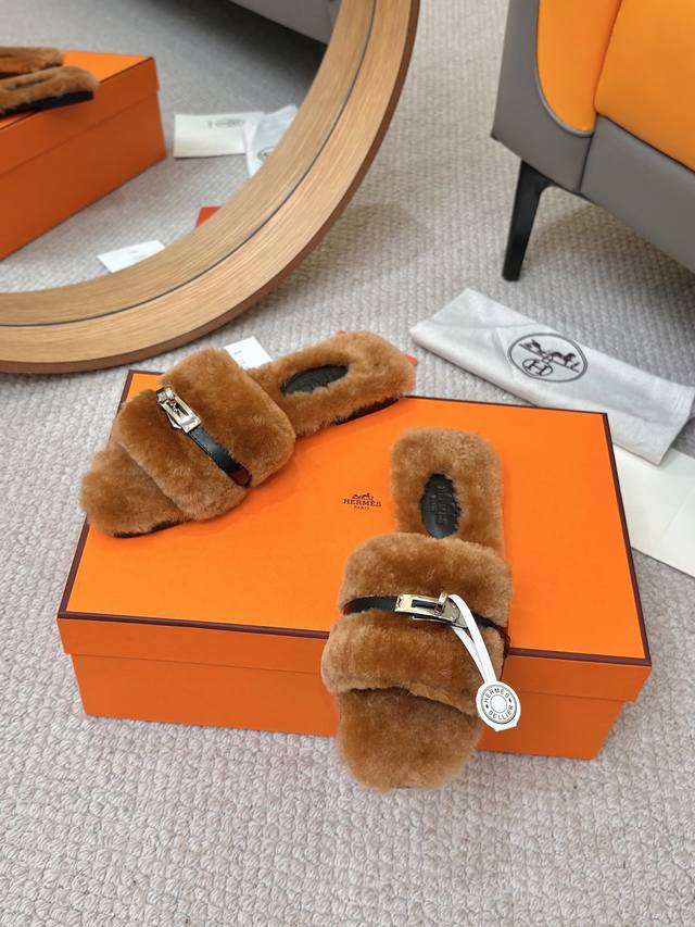 Factory batch Hermes Fw25 New Arrival~ Hermes Autumn/Winter New H Fur SlippersF