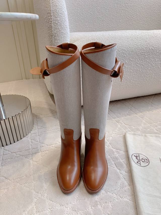 canvas leather upper Herme* autumn and winter classic Kelly Jumping boots origi