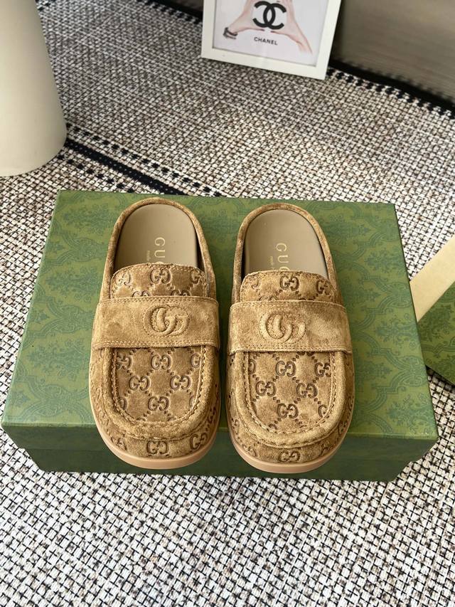 Gucci 2025 new thick-soled interlocking embroidered Big G horizontal strap mules