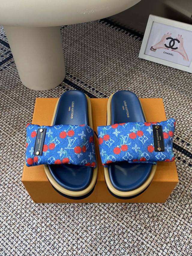 Lv 2025Ss Cherry Series Velcro Couple Slippers Original Development Top Version
