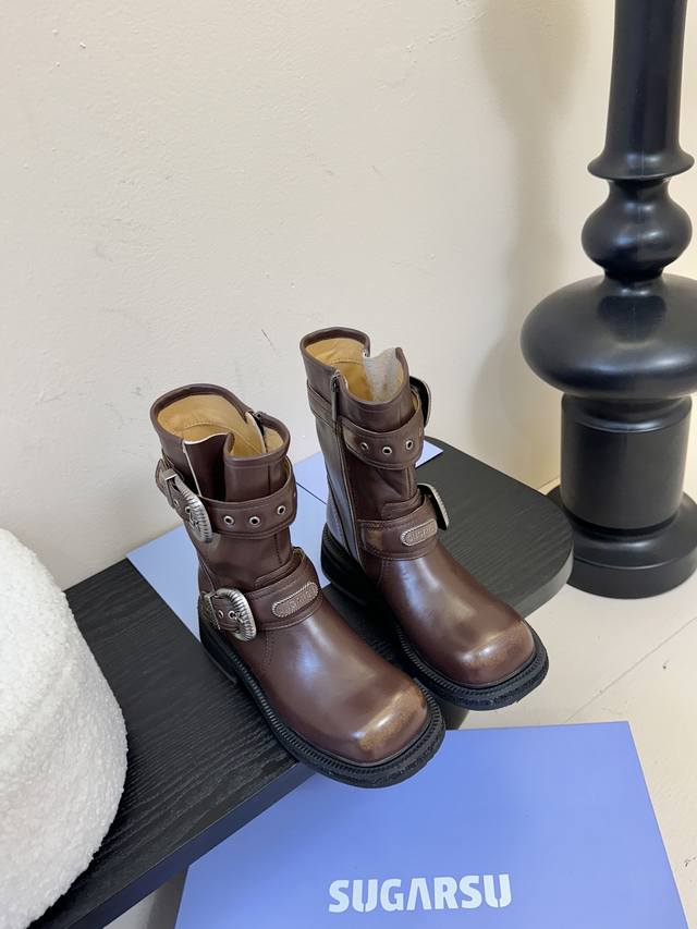 Sugarsu Yano Series Retro Brushed Mid-Length Knight Boots These striking retro k