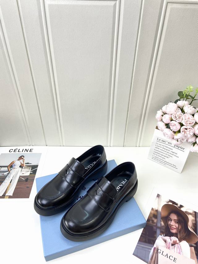 Latest Prada lace-up derby shoes, micro-logo shiny round-toe spliced loafers, pu