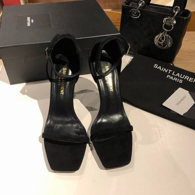 Saint Laurent YSL high-heeled sandals with metal buckle and lacquered YSL monog