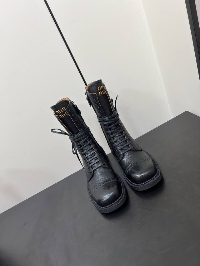 Miumiu 24 Autumn and Winter Show Style Motorcycle Style Retro Long Boots and Ank