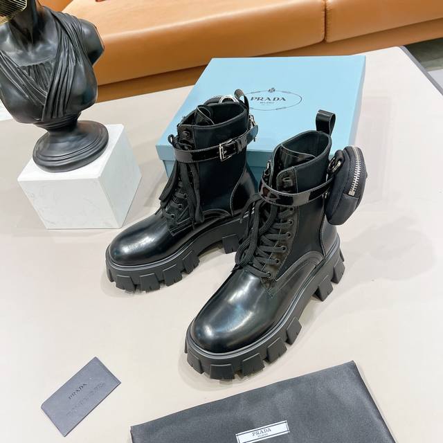 Prada small bag, tactical riding boots, single shoes, and ankle boots are all av