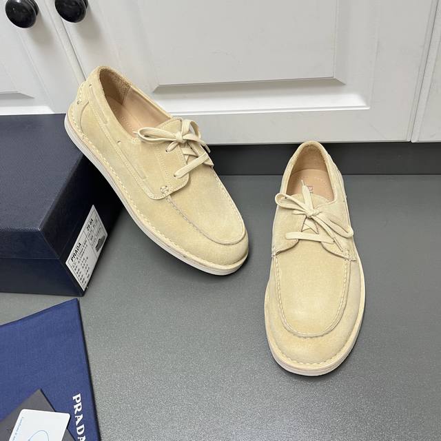 Prada Men's New Lace-up Leather Loafers. Crafted from flocked split cowhide leat