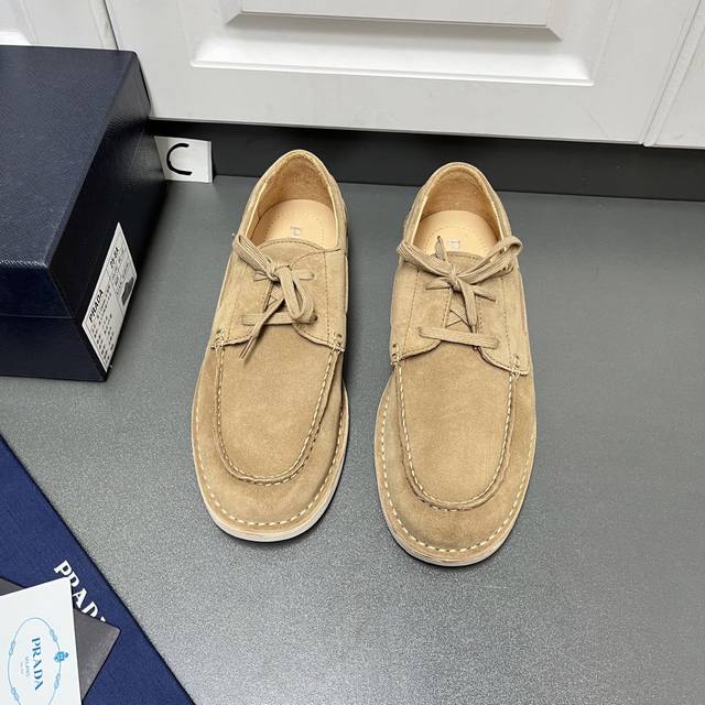 Prada Men's New Lace-up Leather Loafers. Crafted from flocked split cowhide leat