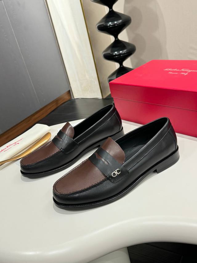 Ferragamo classic men's business leather shoes, imported black calfskin, leather