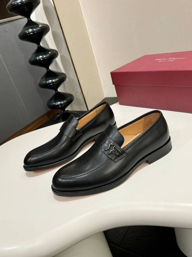 Ferragamo classic men's business leather shoes, imported black calfskin, leather