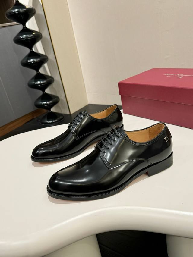 Ferragamo classic men's business leather shoes, imported black calfskin, leather