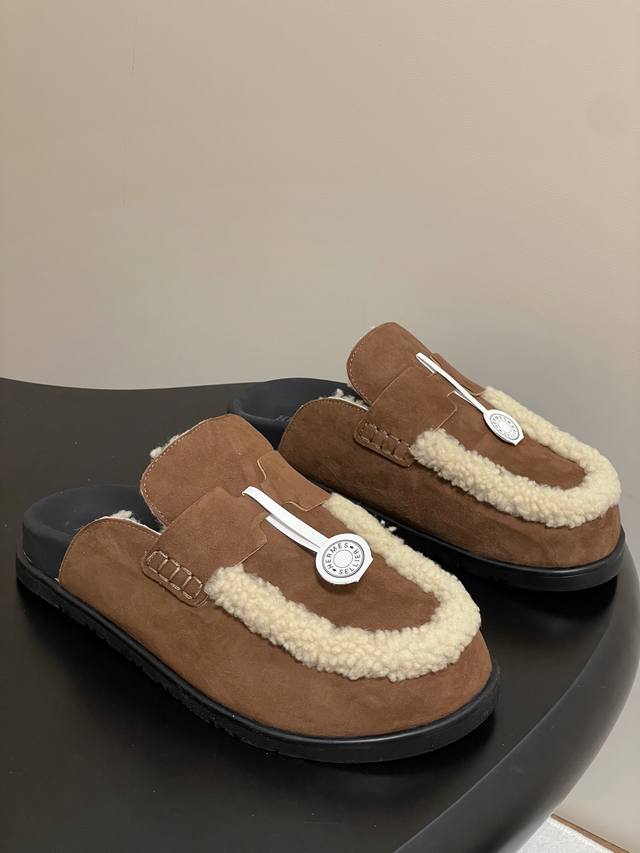 Top Quality Hermes Go Mule Series Classic Style Birkenstock Mule Wool Half-Slip-