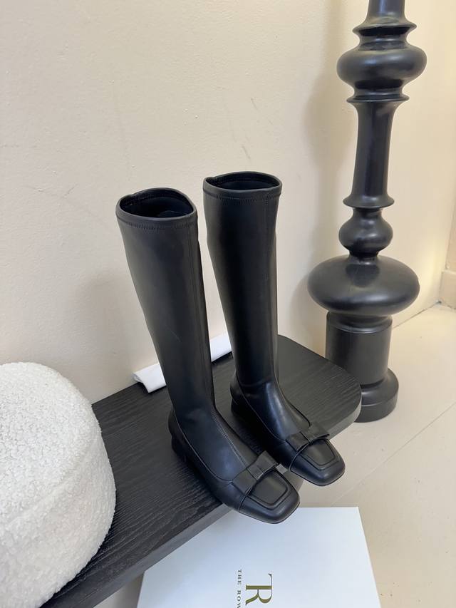 The Row 25Ss Autumn/Winter New Tr Bow Square Toe Chunky Heel Stretch Long Boots