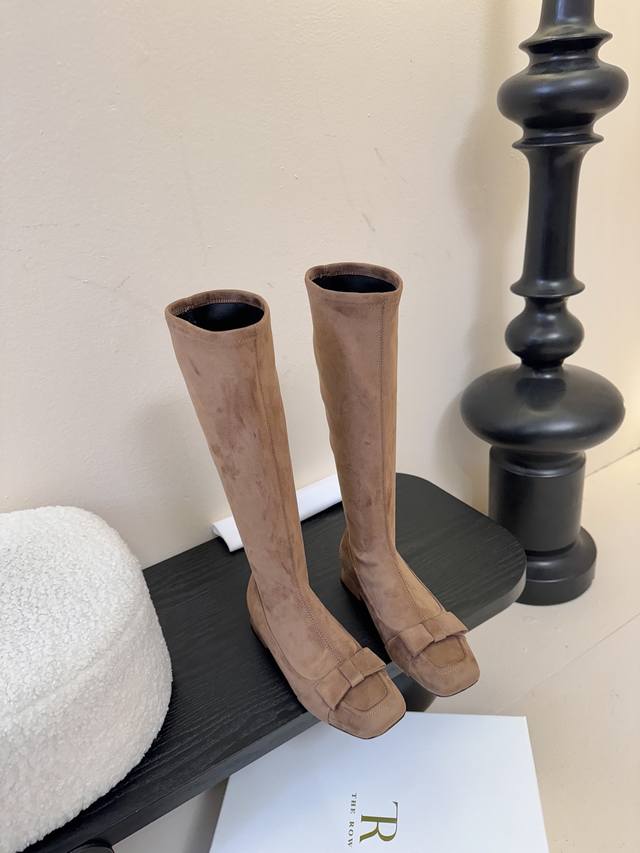 The Row 25Ss Autumn/Winter New Tr Bow Square Toe Chunky Heel Stretch Long Boots