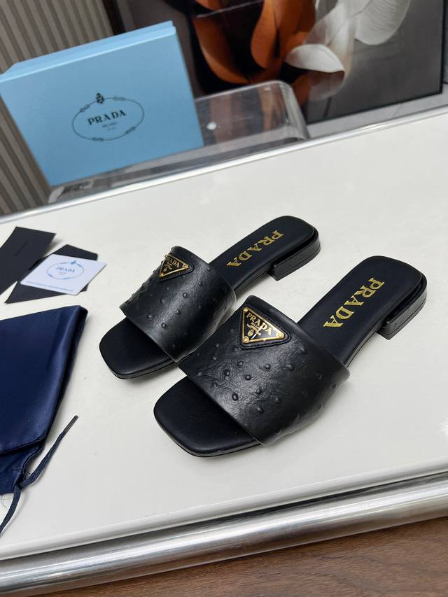 Top-tier Prada Ss flat sandals, original ostrich-patterned cowhide and sheepskin