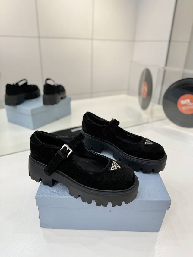 Factory direct price Prada Mary Jane shoes, triangular buckle platform loafers,