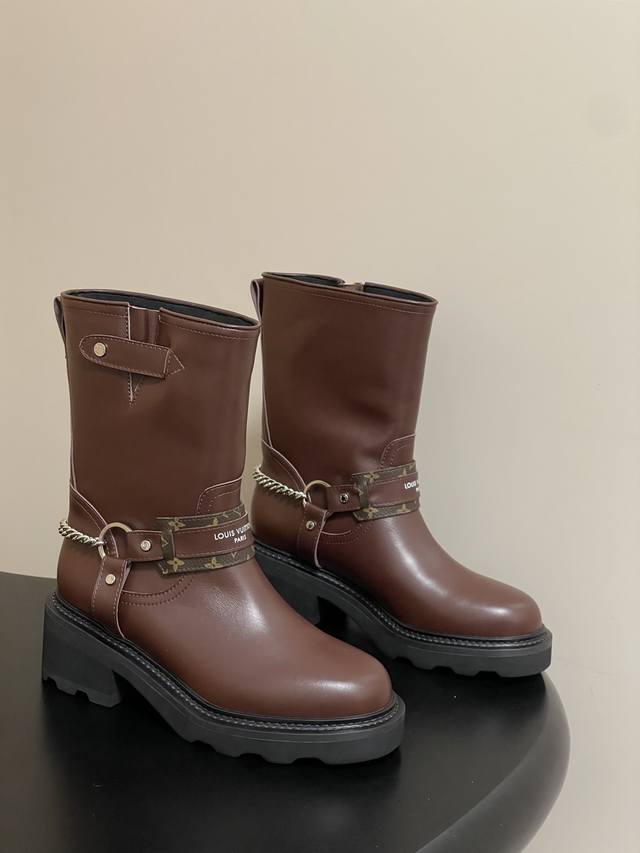 25Fw Autumn/Winter New Louis Vuitton Lv Chain Ankle Boots Slip-on Monogram Leath