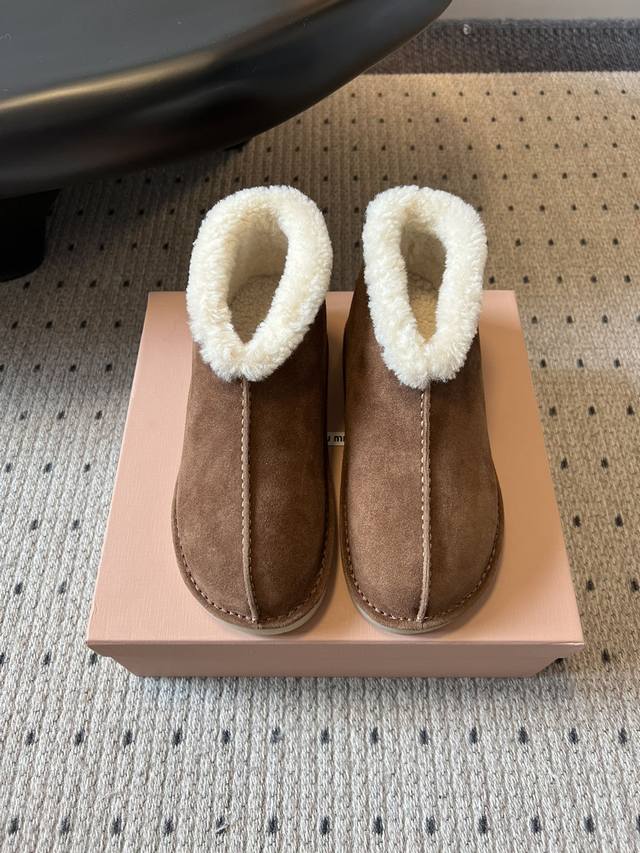 Miumi* 25Fw Deck Shoes Autumn/Winter Fleece-Lined Warm Lambswool Short Snow Boot