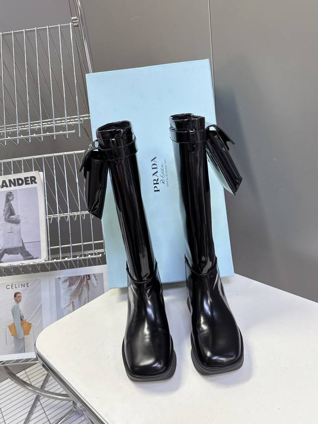 Prada top-tier platform boots with pocket triangle logo. Original 1:1 custom des