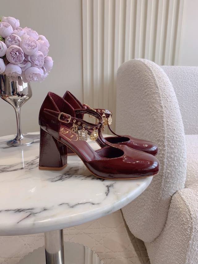 Factory Price P Roger Vivie* New Crystal Pendant Chunky Heel Mary Jane Shoes - S