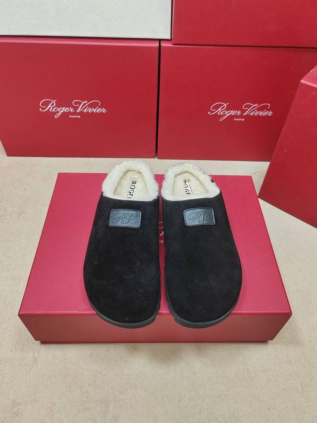 In Stock# Roger Vivia Classic Double Rhinestone Buckle Wool Slippers These fluff