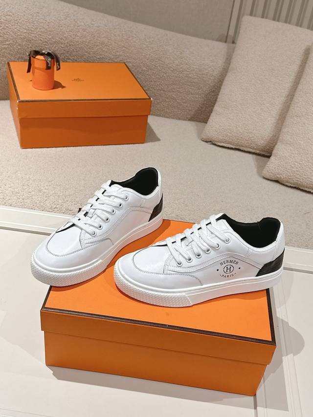 Hermes Top-Tier Version# Hermes Deep Series Couple White Sneakers Casual Skate S