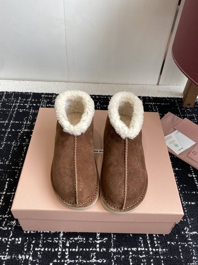 Retailer-grade Miu Miu 25Ss Fall/Winter Runway Style Wool Ankle Boots, Snow Boot
