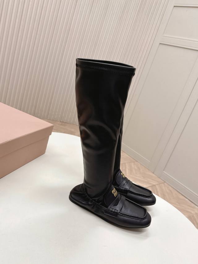 Miumiu 25 New High-Top Loafers with Patchwork Stretch Leather Boots - Super Slim