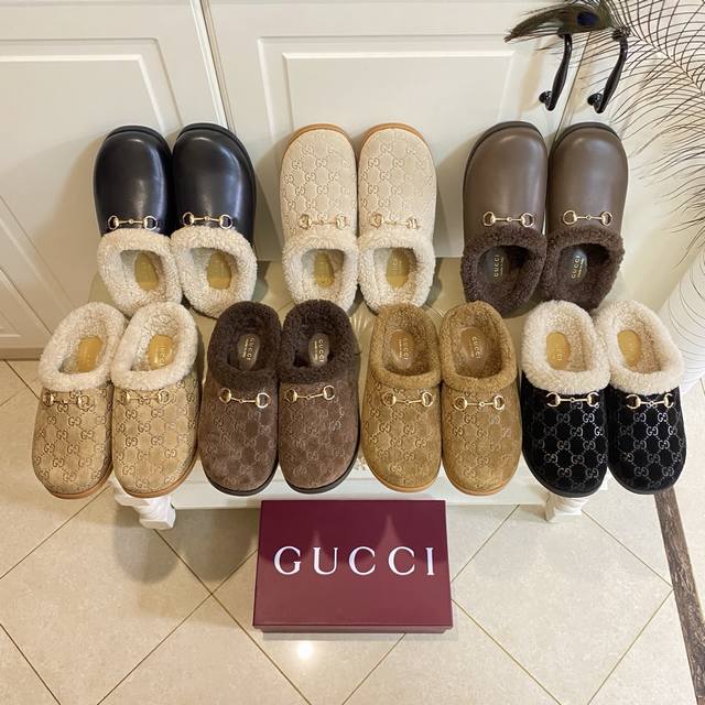 Factory Price P, Gucci New Round Toe Mule Slippers, Suede Embossed Leather Upper