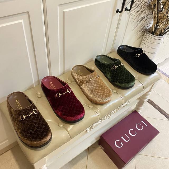 Factory Price P, Gucci New Round Toe Mule Slippers, Velvet Upper, Lambskin Linin