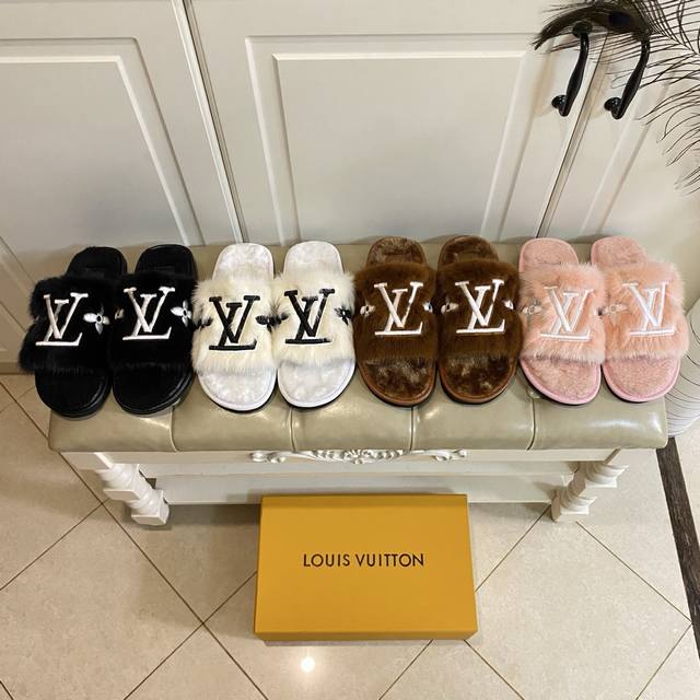 Factory Price P, Louis Vuitton*Lv New Mink Fur Slippers, Mink Fur Embroidered Lo