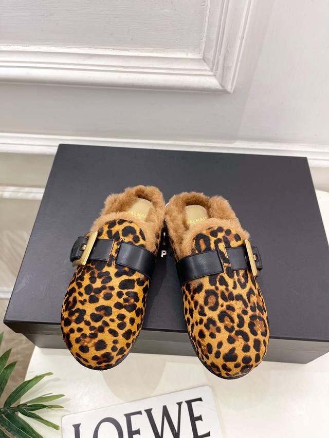 Balmain 2025 Autumn/Winter New Classic Belt Buckle Half-Slippers, Furry Slippers