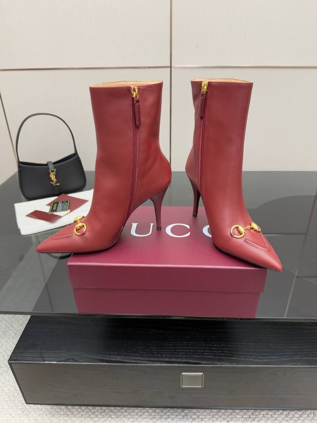 Leather and Fabric Gucci Classic Autumn/Winter Pointed Toe Chain High-Heeled Ank