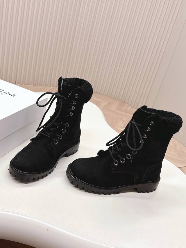 High-quality wool-lined Celine classic combat boots, retro round-toe boots, styl