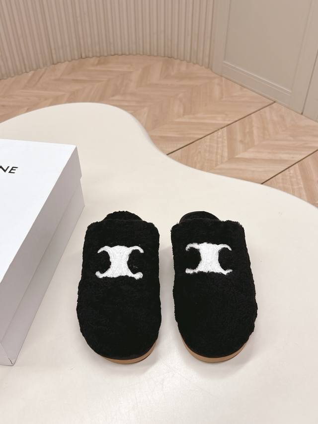 Celine 2025 Autumn/Winter New Arrival Arc de Triomphe Furry Slippers, Half-Slipp