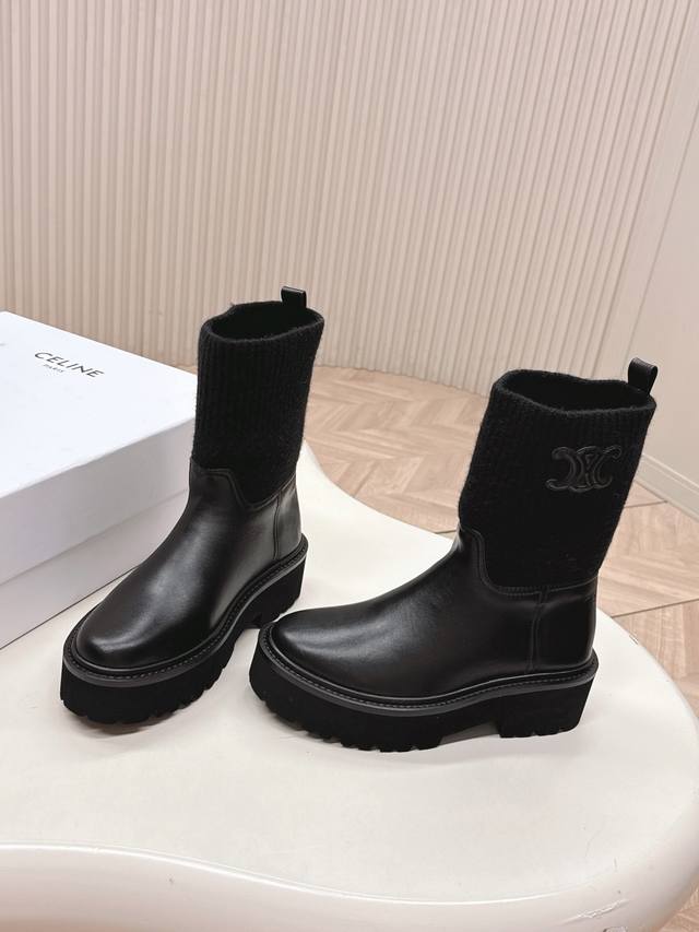 Short Celine Classic Arc de Triomphe Knitted Socks Thick-Soled Leather Ankle Boo
