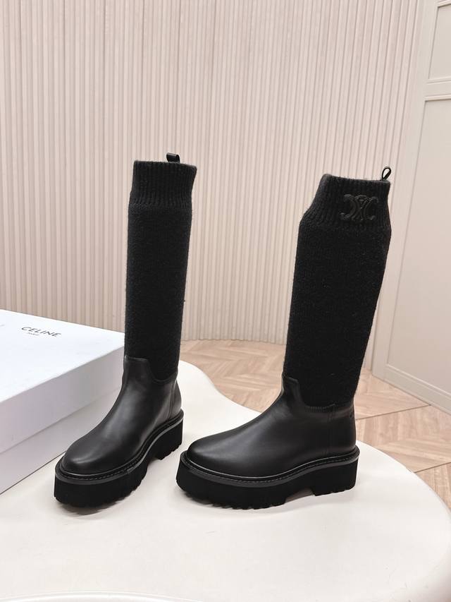 Celine High-Top Classic Arc de Triomphe Knitted Socks Thick-Soled Leather Ankle