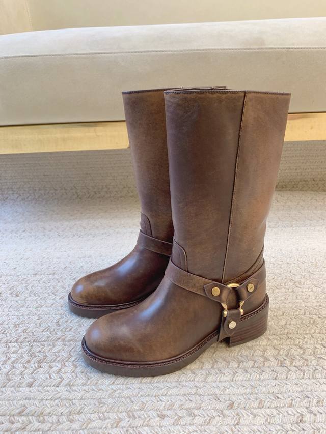 Chlo* New Ankle Triangle Buckle Long Boots Original Last Top Quality Material Up