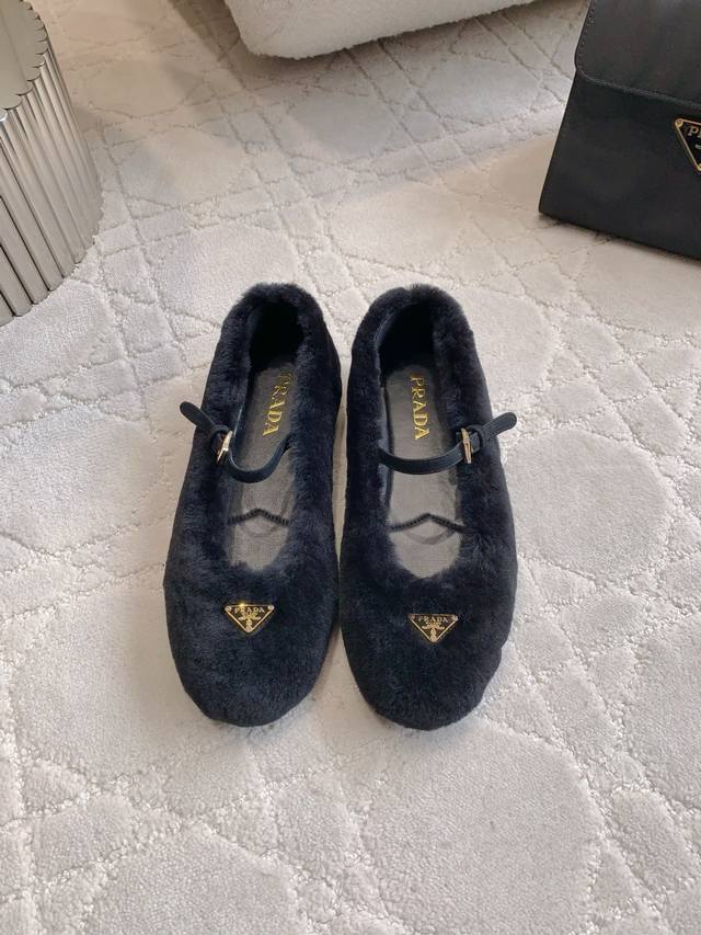 Factory Price P Prad* Autumn/Winter New Style Furry Mary Jane Flat Shoes, Cute,