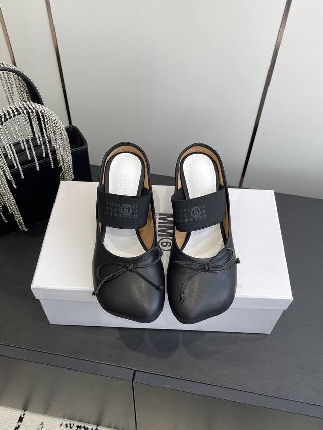 Cowhide upper Mm6 Margiela 25Ss latest high-heeled apple-head bow slippers/muffi