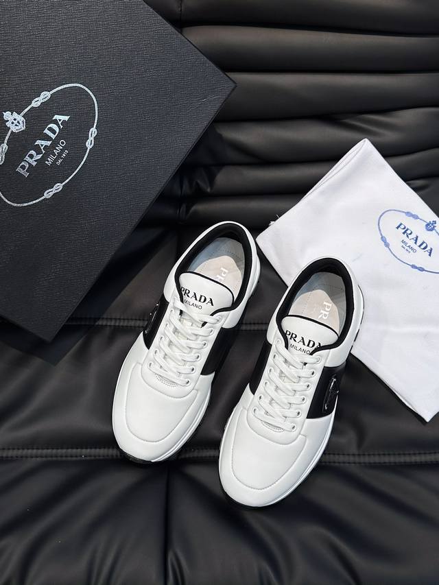 Prad* High-end men's lace-up leather casual sneakers, featuring a combination of