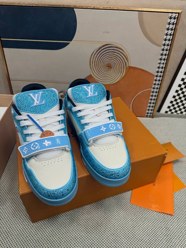 Top-tier version of Louis Vuitto Trainer sneakers, couple style. Purchased from