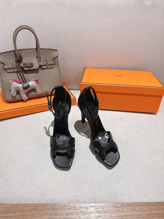 10.5cm square toe leather, factory price P Hermes Joy 105 high-heeled sandals, f
