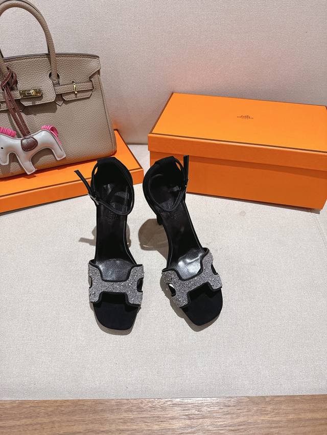 10.5cm Square Toe Diamond Finish Factory Price Hermes Joy 105 High-Heeled Sandal