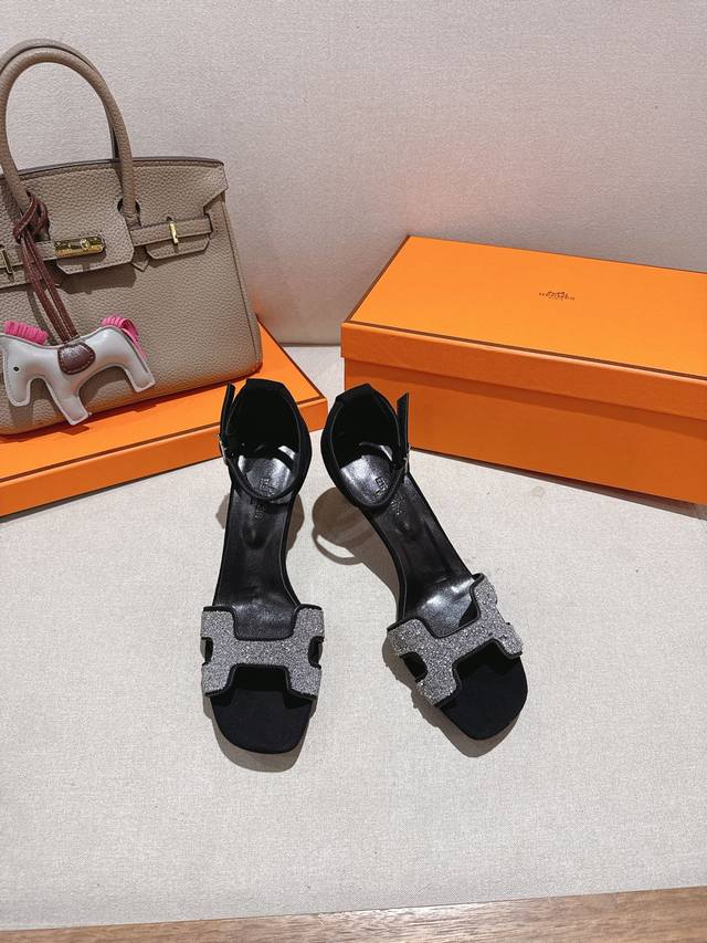 7Cm Square Toe Diamond Finish Factory Price P Hermes Joy 105 High-Heeled Sandals