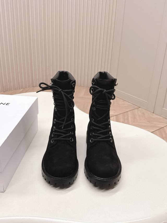 High-top, high-version Celine classic combat boots, retro round-toe boots, styli